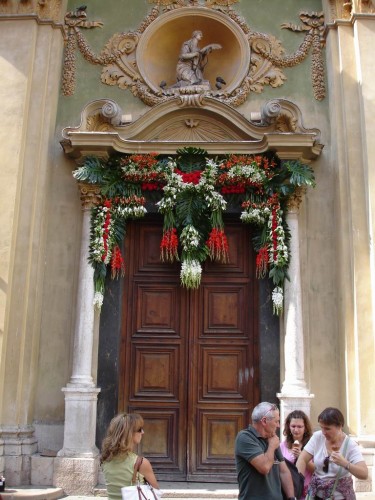 The door of the church with the flowers