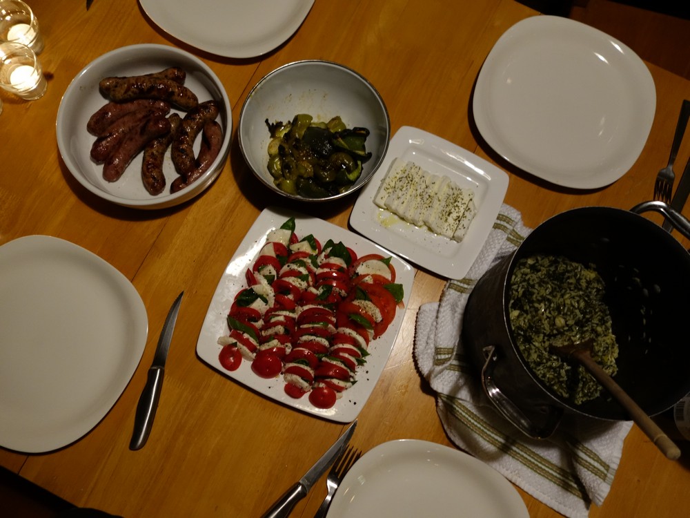 Spinach-rice, sausages, roasted veggies and tomatoes from Karen's garden